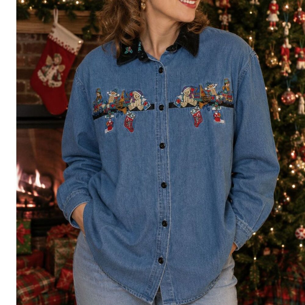 Vintage 90s Bobbie Brooks Christmas Denim Shirt 14/16W Velvet Collar Embroidered